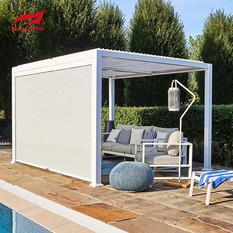 Outdoor Motorized Aluminum Pergola 12" X 20" With Adjustable Roof And Zipscreen Blinds