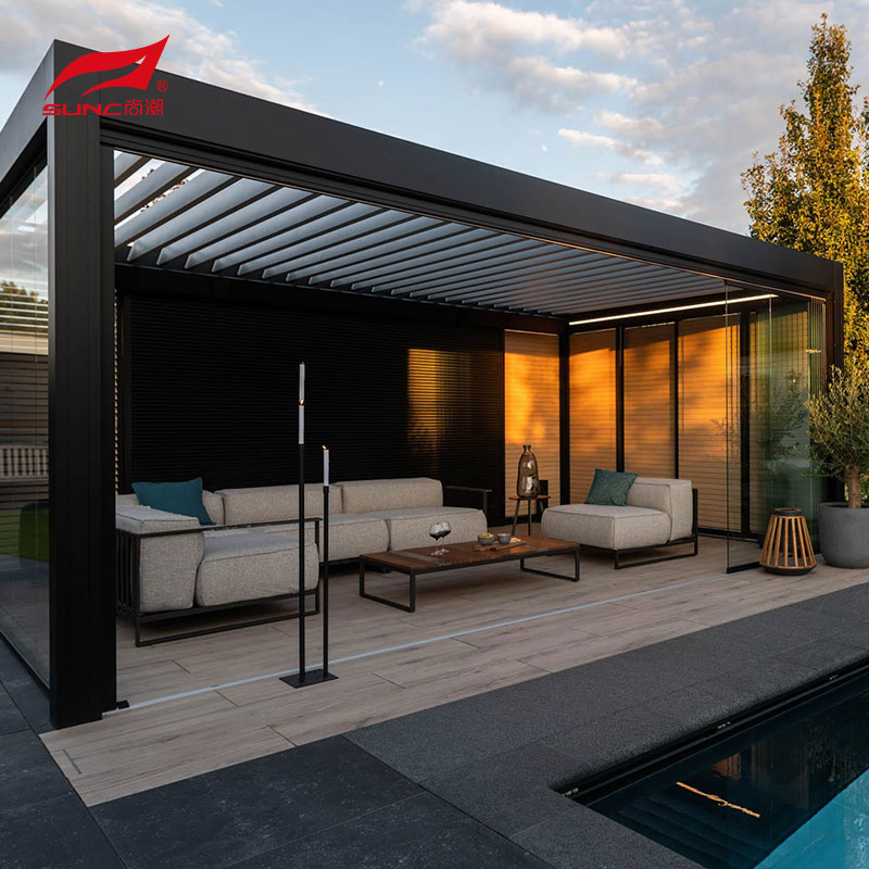 3X5 4x4 Grey Motorized Aluminum Pergola Garden Building With Outdoor Roller Blinds