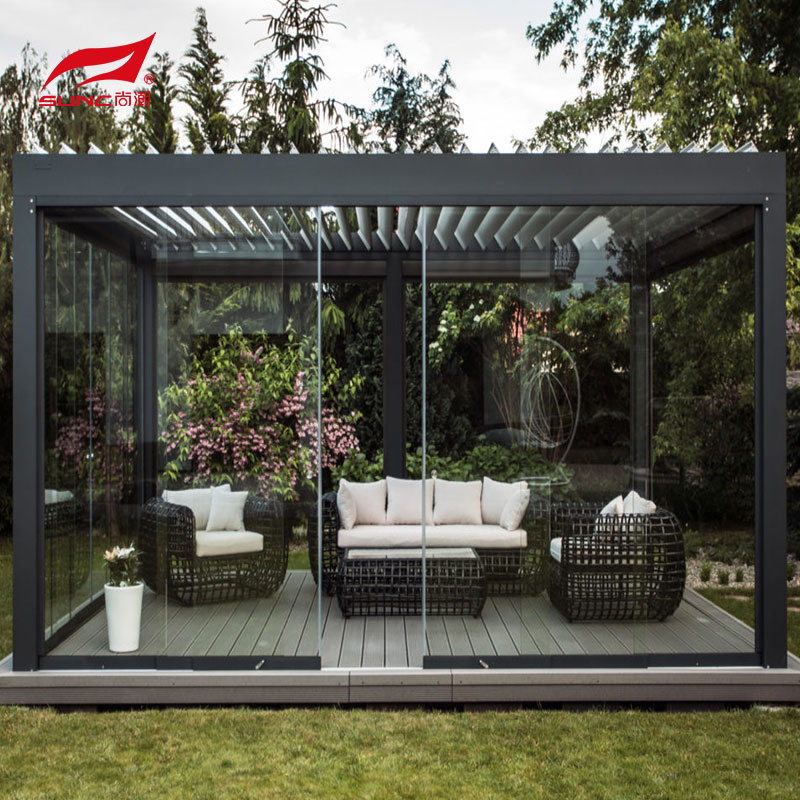 3X5 4x4 Grey Motorized Aluminum Pergola Garden Building With Outdoor Roller Blinds