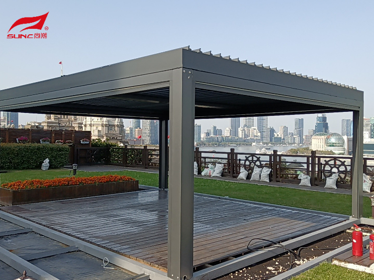 3x4 3x5 Outdoor Motorized Aluminum Pergola With White Roller Blinds and Sliding Glasses