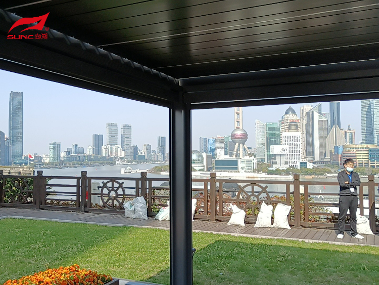 3x4 3x5 Outdoor Motorized Aluminum Pergola With White Roller Blinds and Sliding Glasses