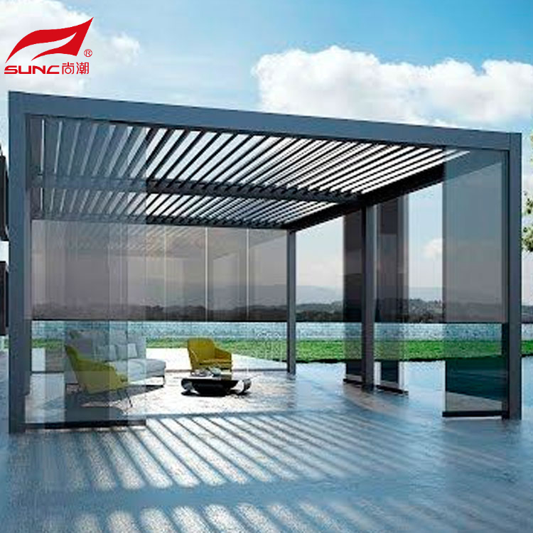 3x4 3x5 Outdoor Motorized Aluminum Pergola With White Roller Blinds and Sliding Glasses